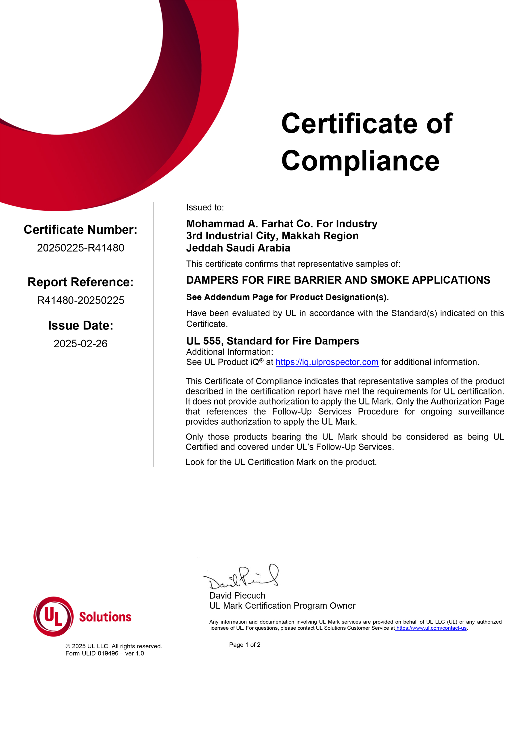 Static Curtain Type Fire Damper UL Certificate